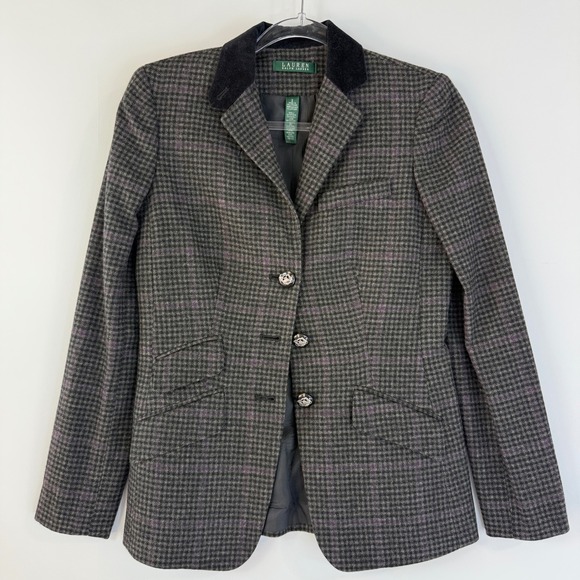 Lauren Ralph Lauren Jackets & Blazers - Lauren Ralph Lauren Blazer Womens 2 Grey Houndstooth Wool Blend Equestrian